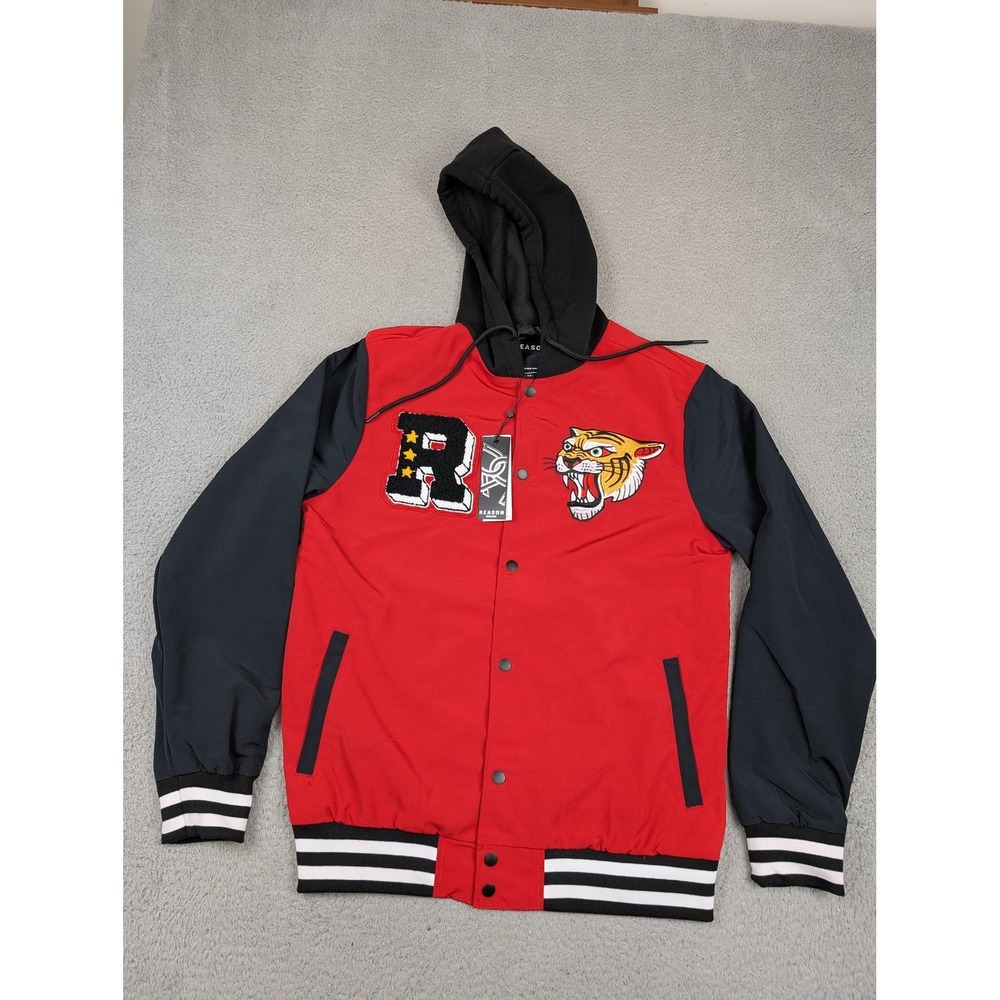 Reason‎ Jacket Mens Medium Red Black Hooded Varsity Tiger Patch F3-306 New